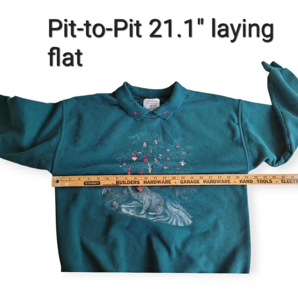 Vintage Northern Treasures Green Cat Graphic Collared Sweatshirt size S small - Picture 9 of 11